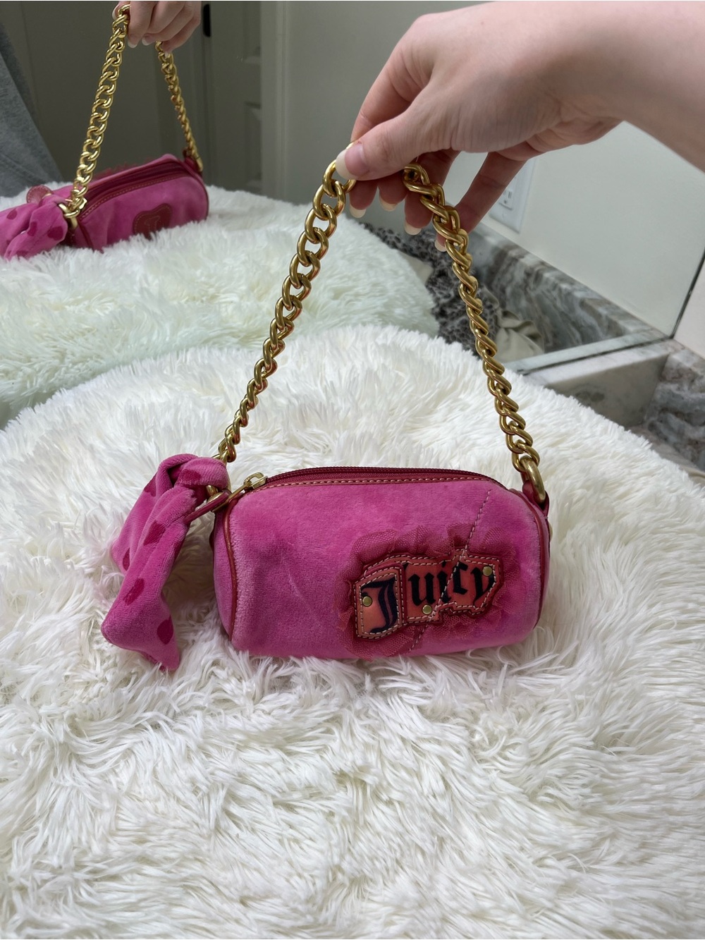 Vintage Juicy Couture Bag Y2k Mini Barrel Hot Pink Velour Bow Gold with Hearts
